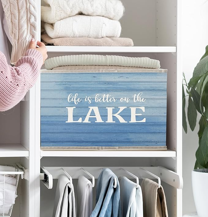 Lake House Storage Bins Box with Handles, Life Is Better On the Lake Collapsible Fabric Storage Basket Box Organizer for Bedroom Bathroom Clothes Toys Books
