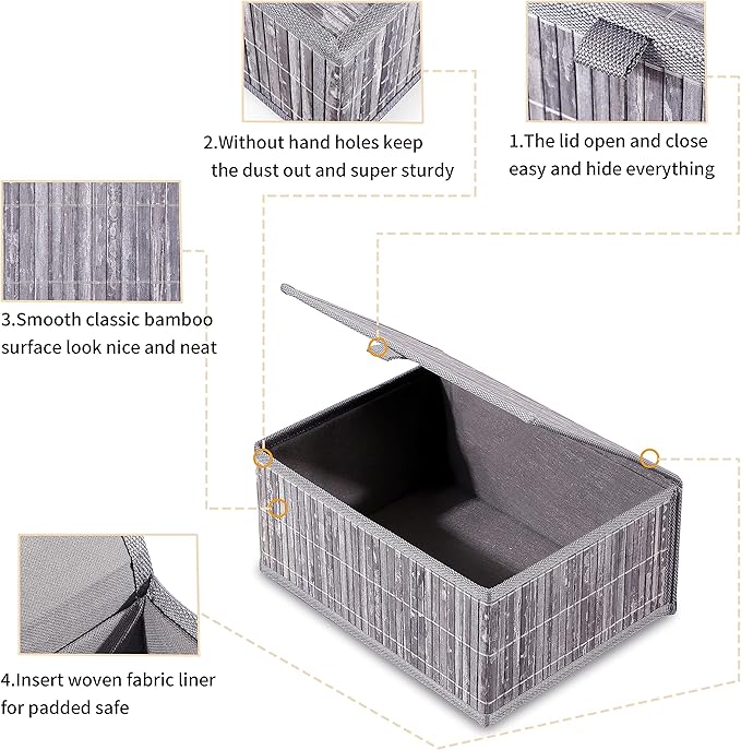 Honygebia Bamboo Decorative Storage Boxes - Set of 3 Woven Lined Storage Basket with Lids, Grey Marble Wicker Lidded Baskets for Home Kitchen Shelf Organizer Decor