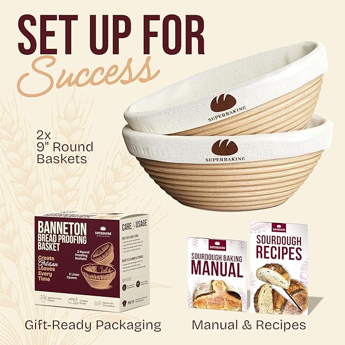 Superbaking 2 pcs Banneton Bread Proofing Basket, 9" Splinter-Free Round Rattan Bread Basket with Liners, Sourdough Starter Kit, Sourdough Bread Baking Supplies & Sourdough Kit, Bread Making Tools