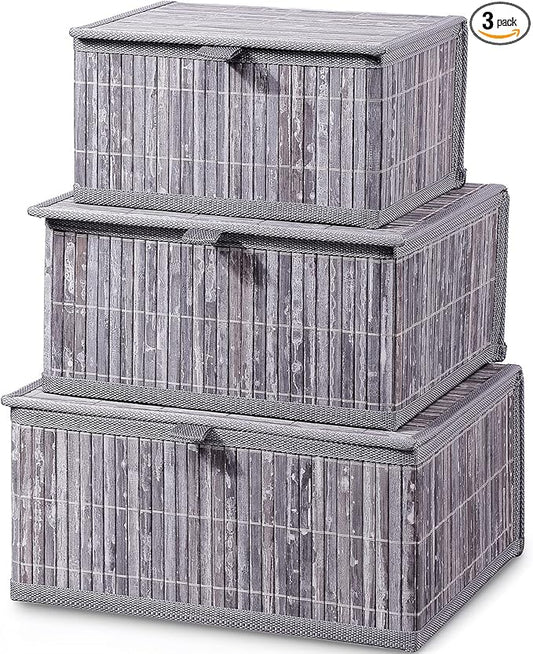 Honygebia Bamboo Decorative Storage Boxes - Set of 3 Woven Lined Storage Basket with Lids, Grey Marble Wicker Lidded Baskets for Home Kitchen Shelf Organizer Decor