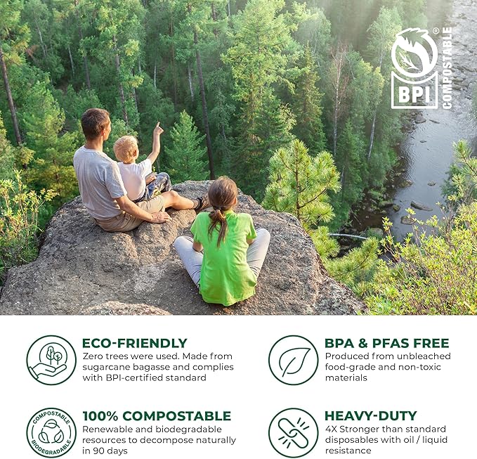 Freshware Compostable Clamshell Food Containers [8x8"] 3-Compartment 50-Pack, Disposable Containers, Biodegradable Sugarcane to Go Boxes - Paper Food Containers - Microwave & Freezer Safe, Stackable