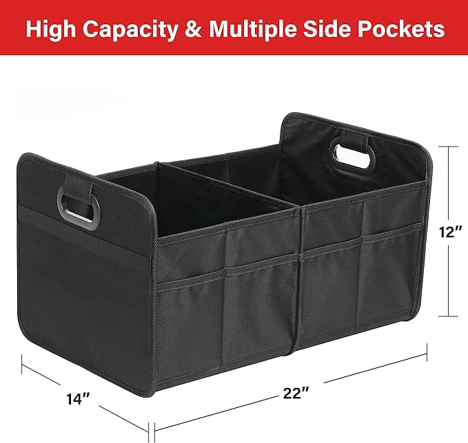 Simple Deluxe Car Trunk Organizer, 2 Compartments Collapsible Trunk Storage, Anti-slip Design, Made of Waterproof 600D Oxford Polyester, Suitable for SUV, Minivan, Truck, Standard Size, Black