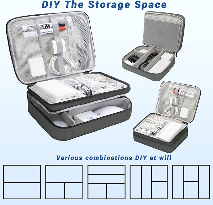 Electronics Organizer, Travel Cord Organizer Pouch, Portable Cable Organizer Bags, Waterproof Electronic Accessories Storage Case for Cables, Cords, Charger, Phone (Three Layer-Gray)