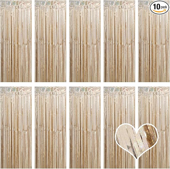 10 Pack Champagne Gold Backdrop Curtain 3.2ft x 8.2ft Metallic Tinsel Foil Fringe Curtains Photo Booth Background for Birthday Party Decoration Engagement Wedding Christmas Decor (Champagne Gold)