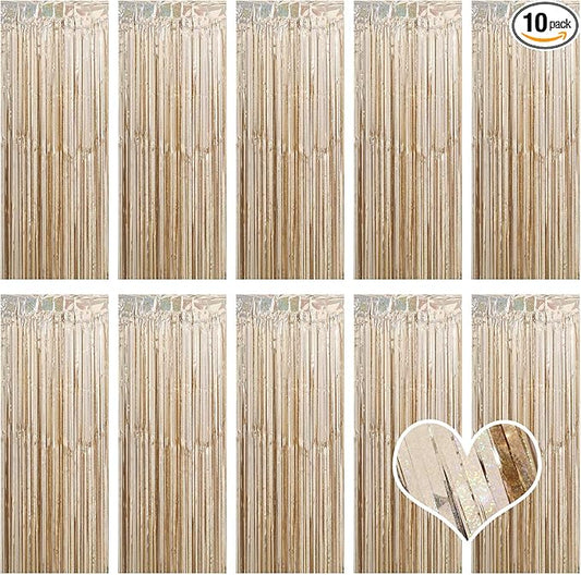 10 Pack Champagne Gold Backdrop Curtain 3.2ft x 8.2ft Metallic Tinsel Foil Fringe Curtains Photo Booth Background for Birthday Party Decoration Engagement Wedding Christmas Decor (Champagne Gold)