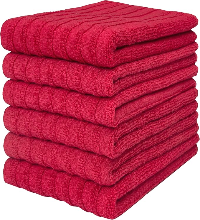 Premium Kitchen Towels (20”x 28”, 6 Pack) | Large Cotton Dish Towels 450 GSM | Highly Absorbent Terry Kitchen Linen Set with Hanging Loop | Red Solid