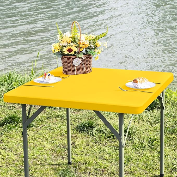 Square Fitted Table Cover Elastic Tablecloth Stretch Spandex Table Topper Cap Cover for Dining Kitchen Home Party Yellow 34X34 Inch