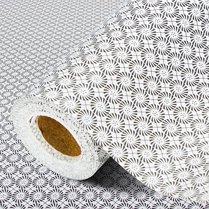 FIFTY FEET 12"x120" Non-Adhesive Shelf Liner for Kitchen Cabinets and Drawers, Washable Non-Slip PVC Cabinet Liner (Black Circle)(7 Roll)
