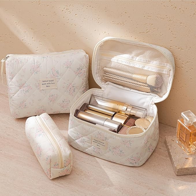 HBselect Quilted Makeup Bag, 3PCS Cotton Large Travel Makeup Bag, Cute Floral Coquette Make up Bag Cosmetic Bag Toiletry Bag for Women Girls