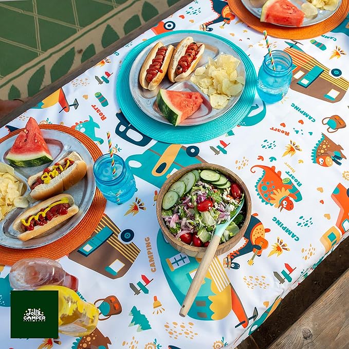 Extra Thick Camping Tablecloth with Clips & Storage Bag, Picnic Tablecloth, Fits 4ft to 8ft Picnic Tables, Polyester, Washable & Reusable, Spill & Stain Resistant, Waterproof,Picnic Table