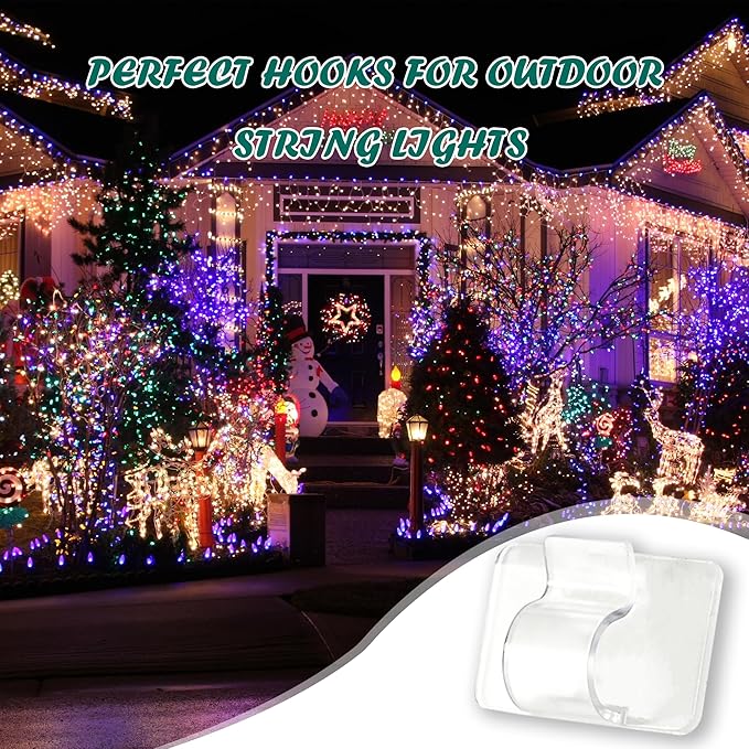 Dazzle Bright Hooks for Outdoor String Lights Clips, 30Pcs Heavy Duty Cable Clips Waterproof Adhesive Strips for Hanging Christmas Light, Outside UV-Resistant Clear Sticky Cord Holders Rope Organizer