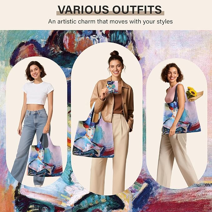 Reusable Grocery Bags, Oil Painting Art Tote Bags With Carry Pouch Waterproof Shopping Bags for Travel Daily Use