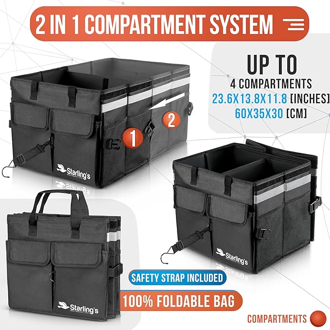 Starling's Car Trunk Organizer Super Strong, Foldable Storage Cargo Box for SUV, Auto, Truck Nonslip Waterproof Bottom, Fits any Vehicle, Comes with Adjustable Tie-Down Straps with Lid (Black, 2