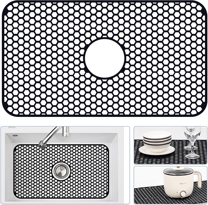 Silicone Sink Protectors for Kitchen Sink with Center Drain, 26"x 14" Kitchen Grid Accessory, Non-Slip Heat-Resistant Mat for Bottom of Farmhouse Porcelain Stainless Steel (Center Hole, Black)