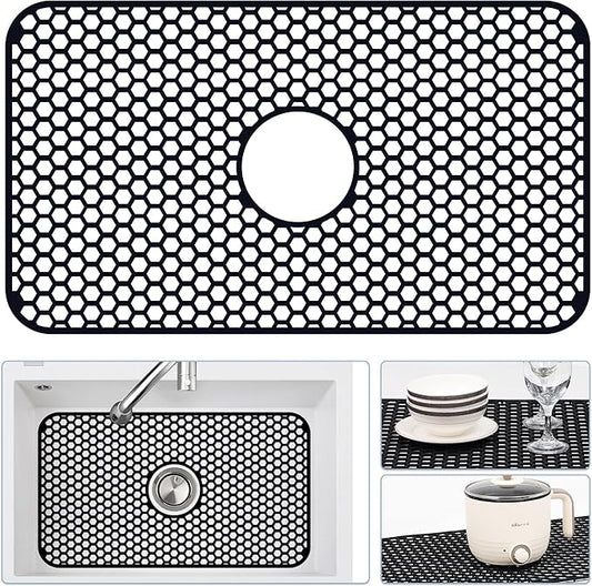 Silicone Sink Protectors for Kitchen Sink with Center Drain, 26"x 14" Kitchen Grid Accessory, Non-Slip Heat-Resistant Mat for Bottom of Farmhouse Porcelain Stainless Steel (Center Hole, Black)