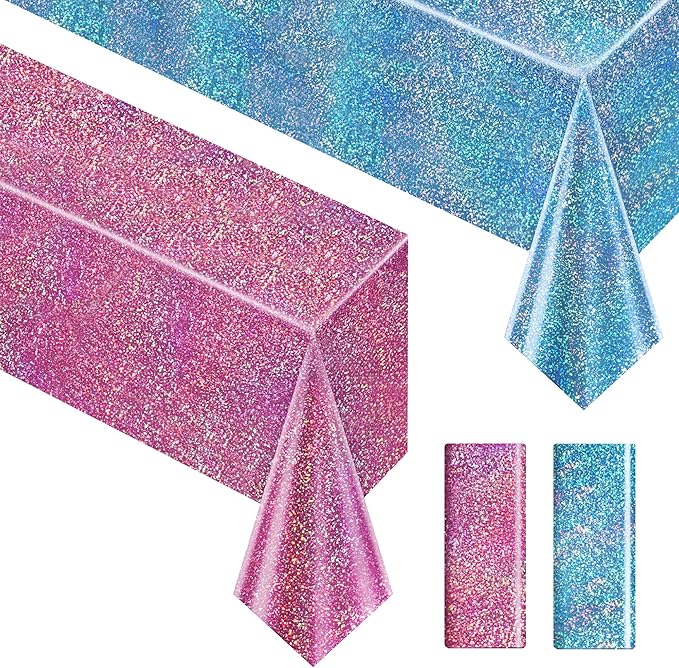Just Shimmer Sparkling Holographic Laser Tablecloth - Shimmering, Waterproof, Easy to Clean - Ideal for Bachelorette, Birthday, Wedding, and Anniversary Party Decorations (Pink & Light Blue, 2)
