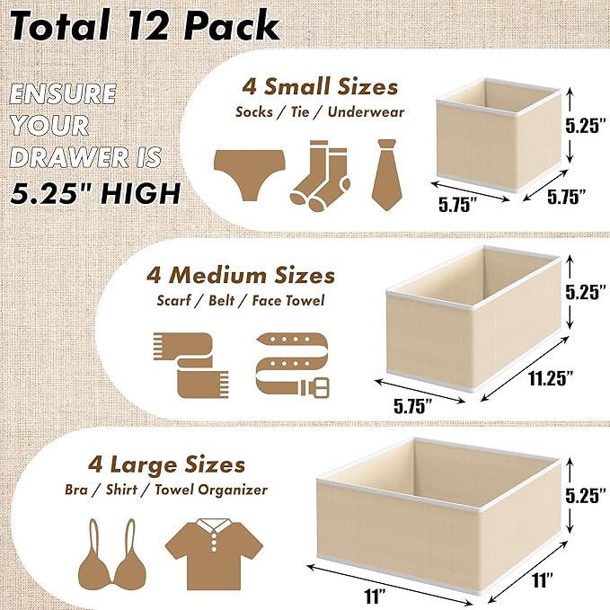 Simple Houseware Foldable Drawer Organizer Set of 12, Beige – Fabric Storage Bins for Clothes, Underwear, Bra, Panty, Socks, Onesies – Closet & Dresser Drawer Dividers for Home Organization