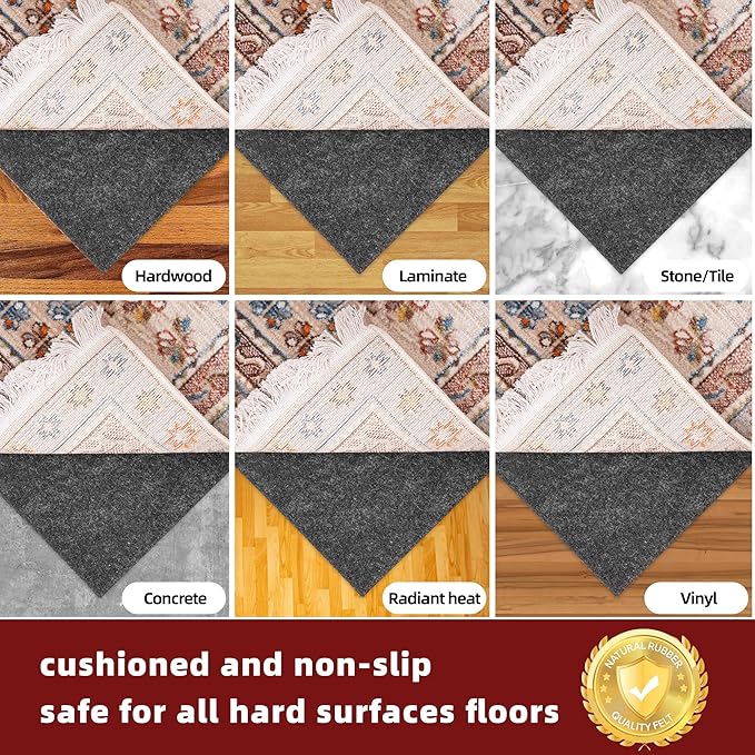 BAGAIL Felt and Natural Rubber Backing Rug Pads 1/4” Thick, 3 x 5 Ft Non Slip Carpet Gripper Keep Rugs in Place, Under Area Rug Protective Cushioned Pads, Carpet Runners, Hardwood Floors Protection