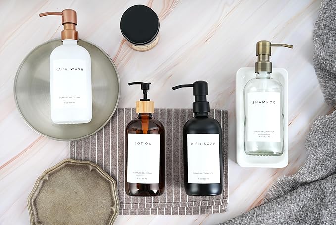 Emerson Essentials Dish Soap Dispenser for Kitchen, Dispenser Bathroom Set, Hand Soap Dispenser, Hand Wash and Dish Soap Set - Glass Dispenser with Pump and Labels