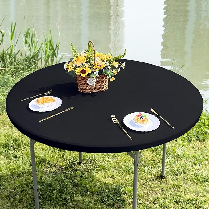 Round Fitted Table Cover Elastic Tablecloth 5ft Stretch Spandex Table Top Cover for Dining Indoor Outdoor Party Black 60 Inch