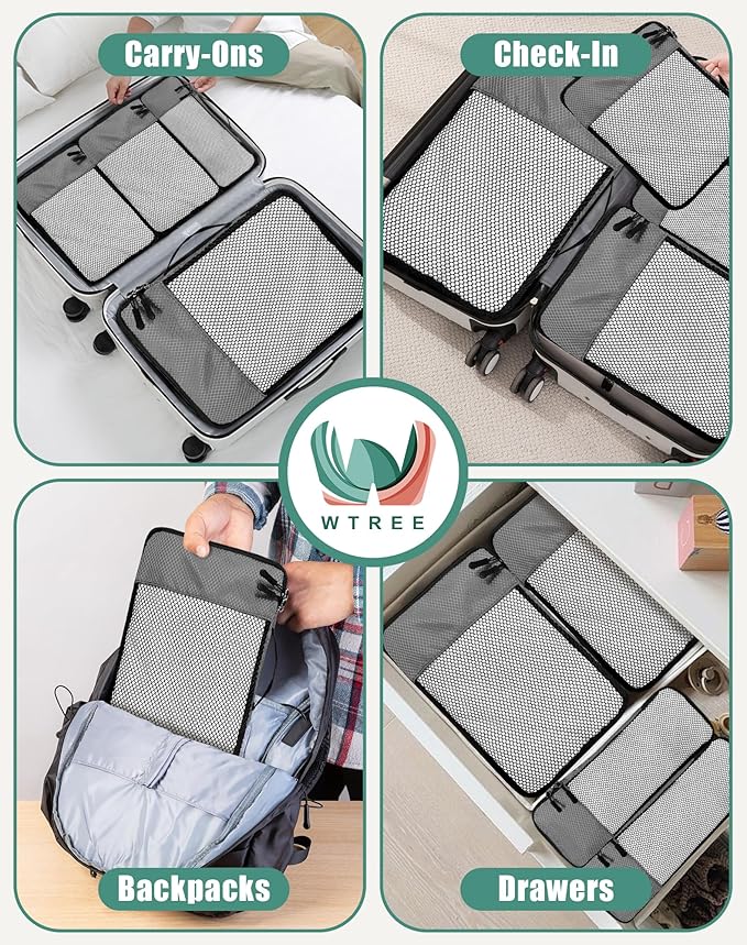 4-Piece Packing Cubes Travel Accessories Set for Suitcases - Luggage Organizer Bags with Double Zipper - Mesh Top - Small/Medium/Large/Slim - Dark Grey