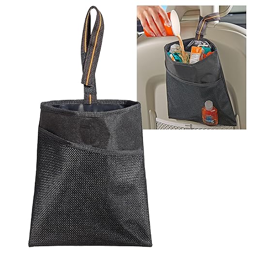 High Road Small Hanging Car Trash Bag with Waterproof Liner, Storage Pocket and Adjustable Strap - Hangs from Handles or Headrest Posts Without Taking Up Legroom