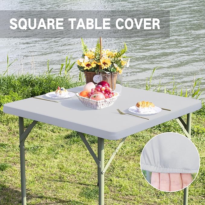 Square Fitted Table Cover Elastic Tablecloth Stretch Spandex Table Topper Cap Cover for Dining Kitchen Home Party Silver 34X34 Inch