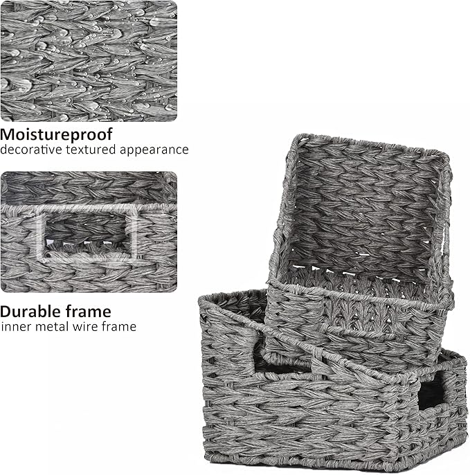 GRANNY SAYS Wicker Basket with Handles, Odorless Woven Trapezoid Basket Waterproof for Organizing, Decorative Storage Wicker Baskets for Storage Photo Books, Gray, 2-Pack