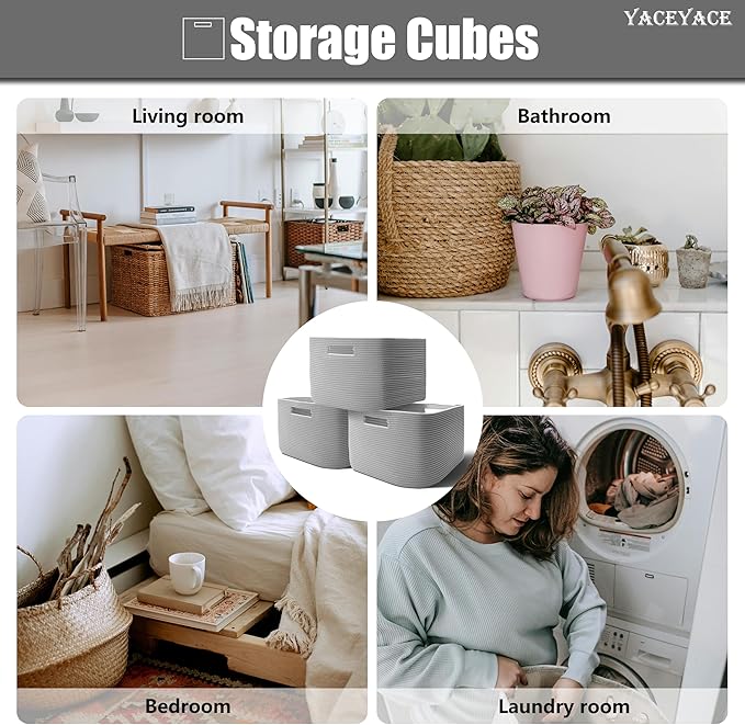 YACEYACE Fabric Bins Cube, 3 Pack Storage Cubes Organizer for Toy, Closet, Foldable Baskets for Shelves, Rope Baskets with Handles, 15''Lx10''Wx9''H