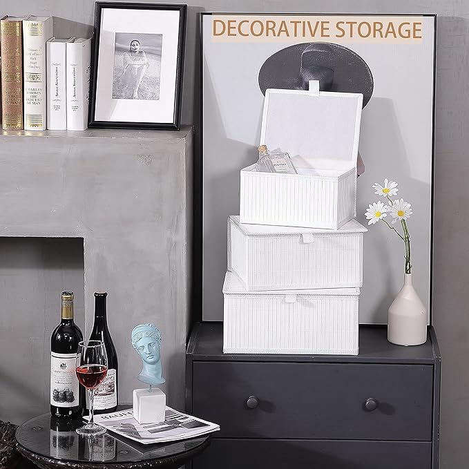 Honygebia Bamboo Decorative Storage Boxes - Set of 3 Woven Lined Storage Baskets with Lids, White Wicker Lidded Baskets for Home Kitchen Shelf Organizer Decor