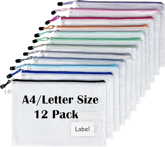12pcs Letter/A4 Size Mesh Zipper Pouch Bags with Label Pocket, Zip-Lock Tuff Bag for Pouch for Classroom Travel Organizing, Puzzle Board Game Storage