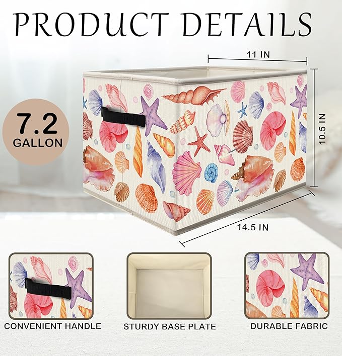 Coastal Beach Storage Bins Box with Handles, Coastal Granddaughter Room Decor, Preppy Pink Starfish Collapsible Fabric Storage Basket Box Organizer for Bedroom Bathroom Clothes Toys Books