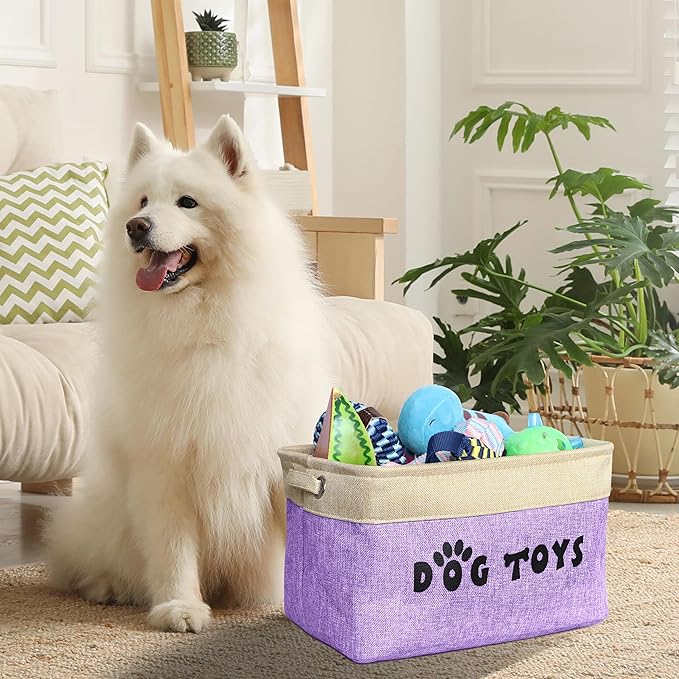 PET ARTIST Dog Toy Basket, Collapsible Dog Toy Bin Box with Comfortable Handles, Large Pet Toy Storage Basket Organizer for Accessories, Toys, Coat & Clothing, Blanket & Leash, Purple, 15"x11"x9"