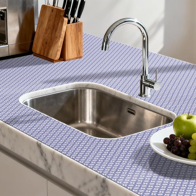 FIFTY FEET 12"x120" Non-Adhesive Shelf Liner for Kitchen Cabinets and Drawers, Washable Non-Slip PVC Cabinet Liner (Blue Circle)(8 Roll)