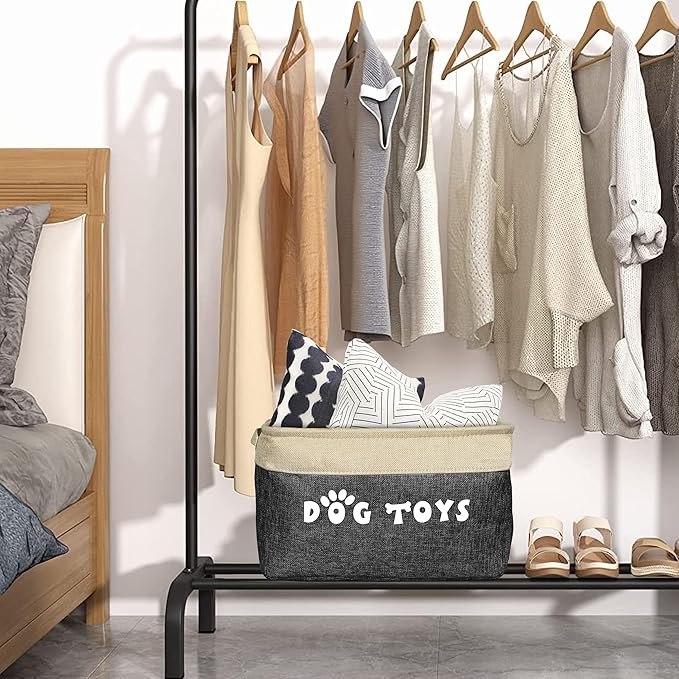 PET ARTIST Dog Toy Basket, Collapsible Dog Toy Bin Box with Comfortable Handles, Large Pet Toy Storage Organizer for Accessories, Toys, Coat & Clothing, Blanket & Leash, Black, 15"x11"x9"