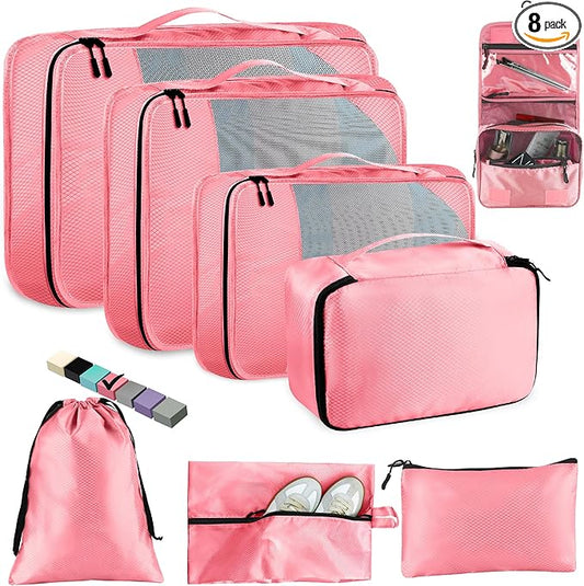 Packing Cubes for Travel, 8-Piece Mesh Holographic Stripe Mesh Luggage Organizers with Shoe Bag, Toiletry Bag, Laundry Pouches, 4-Sizes set for Suitcase Organization, Men Women Kids, Pink