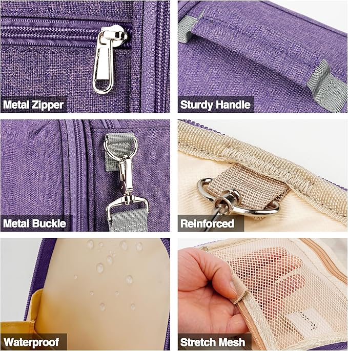 Travel Hanging Toiletry Bag for Women and Men, 6 Organizer Compartments, Holds Full Size Bottles, Extra Large Cosmetic Accessories, Makeup Essentials, Bathroom Water-Resistant Toiletry Bag, Purple