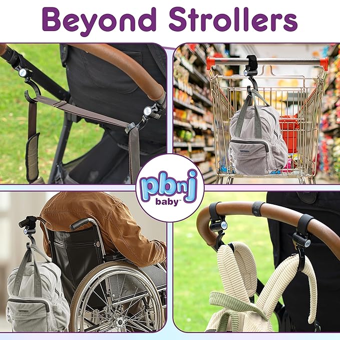 PBnJ Baby Stroller Hooks, 2-Pack Organizer Clips for Travel, Purses, Shopping, Diaper Bags