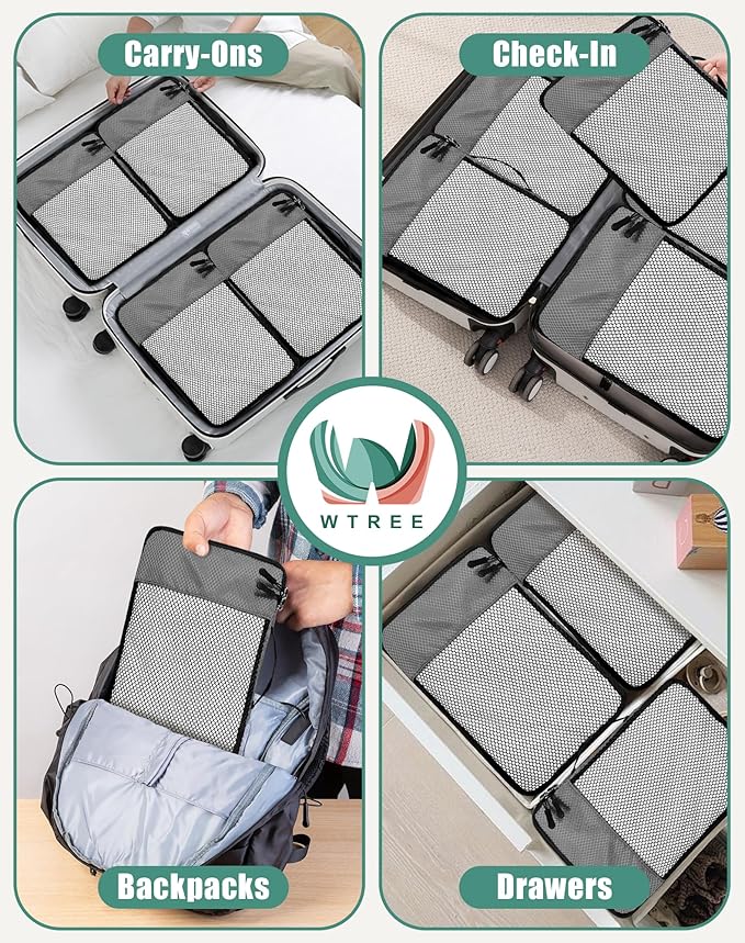 4-Piece Packing Cubes Travel Accessories Set for Suitcases - Luggage Organizer Bags with Double Zipper - Mesh Top - Medium - Dark Grey