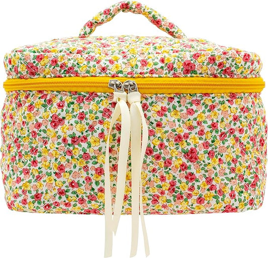 PAZIMIIK Quilted Makeup Bag Large Travel Zipper Soft Cosmetic Case for Women Girls Make Up, Little Flower