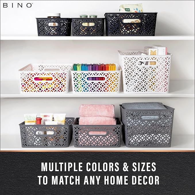 BINO l Plastic Storage Baskets, Medium - Grey | THE BLOSSOM COLLECTION l Multi-Use Organizer Bin l Built-in Handles l Plastic Woven Basket for Organizing l Pantry & Home Organizing Basket