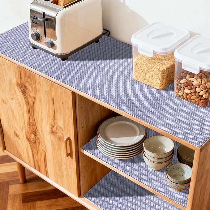 FIFTY FEET 12"x120" Non-Adhesive Shelf Liner for Kitchen Cabinets and Drawers, Washable Non-Slip PVC Cabinet Liner (Blue Circle)(9 Roll)