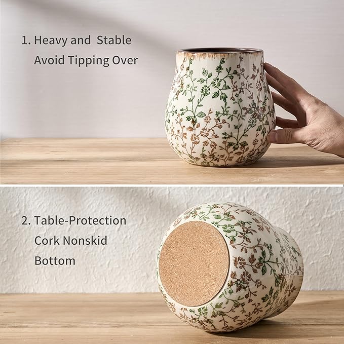 JIEMEI HOME Kitchen Utensil Holder, 6.3" Ceramic Rustic Utensil Crock for Countertop, Farmhouse Cooking Tool Organizer, Spatula Holder For Kitchen Decor, Green and Brown Floral