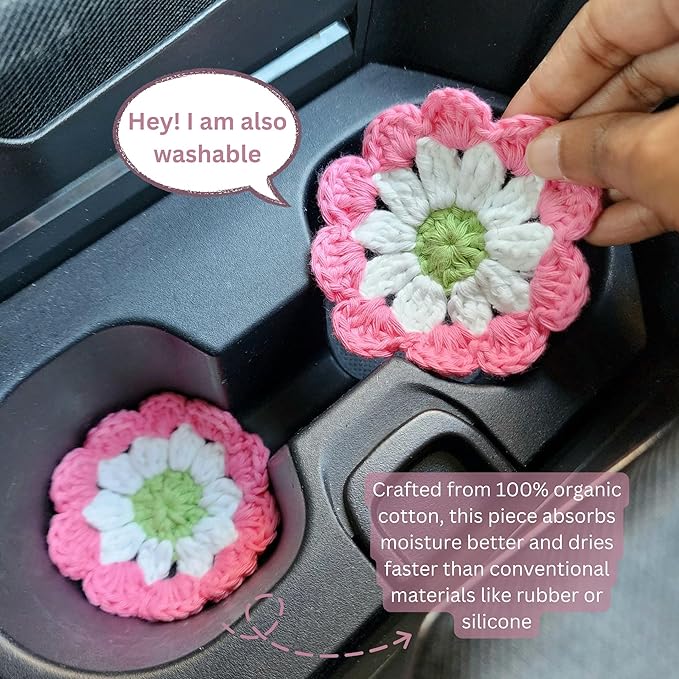 Cotton Car Coasters 2pc Car Cup Coasters Cute car Accessories for Women car Coaster for Cup Holders (Peony Pop)