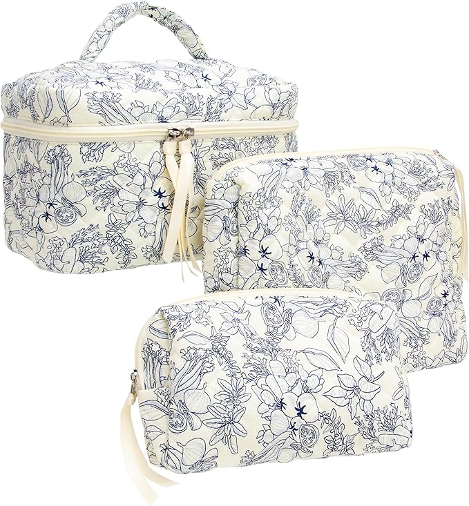 PAZIMIIK 3PCS Makeup Bag SET Large Travel Quilted Zipper Soft Cosmetic Case Pouch for Women Girls Make Up, Flower White