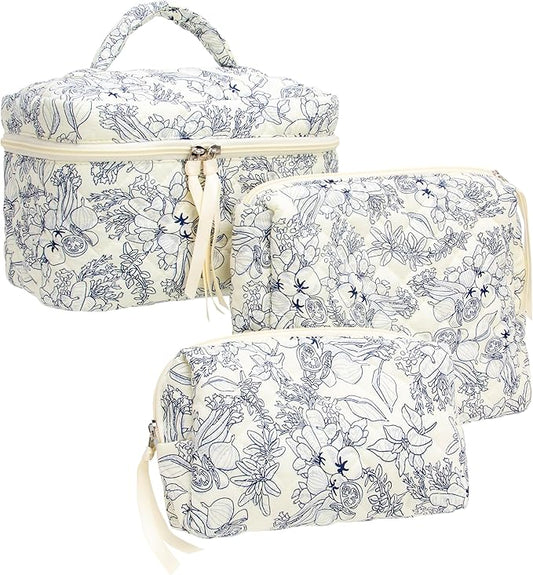 PAZIMIIK 3PCS Makeup Bag SET Large Travel Quilted Zipper Soft Cosmetic Case Pouch for Women Girls Make Up, Flower White