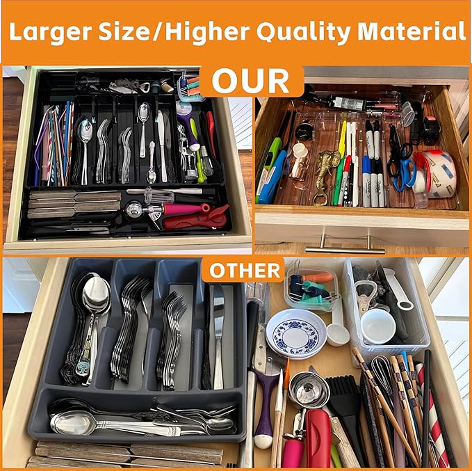 Clear Expandable Silverware Organizers for Kitchen Drawers,Large BPA Free Cutlery Organizer in Drawer,Plastic Utensil Drawer Organizer Suitable as Flatware,Knife,Fork,Spoon,Silverware Holder and Tray