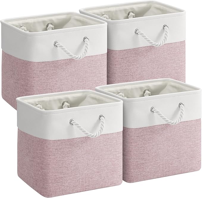 VQRTEXA 12 x 12 Inch Cube Storage Bins, 4 Pack Fabric Storage Basket with Handles, Foldable Boxes Organizer for Shelf Baskets for Home, Clothes (White/Pink)