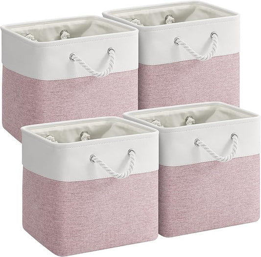 VQRTEXA 12 x 12 Inch Cube Storage Bins, 4 Pack Fabric Storage Basket with Handles, Foldable Boxes Organizer for Shelf Baskets for Home, Clothes (White/Pink)