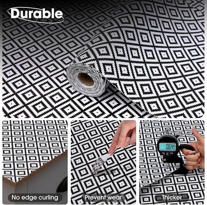 Drawer and Shelf Liner, Non-Slip Kitchen Cabinet Liners Non-Adhesive Thick Strong Grip Waterproof Washable Mats Protect Dresser Shelves Cupboard Bathroom Cabinets, Black & White, 12 in X 10 FT